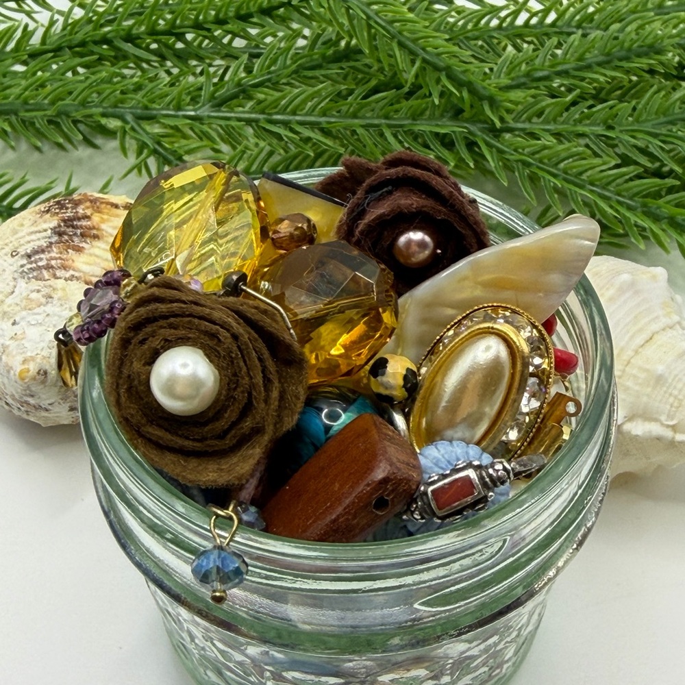 Assorted Jewelry and Bead Soup 🥣 in Baby Jelly Jar Ring and Many Treasures